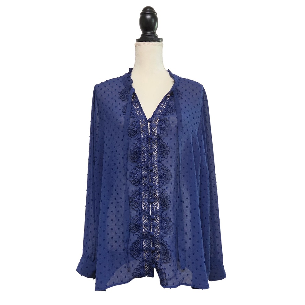 NWT Torrid Navy Semi-Sheer Crochet Front Swiss Dot Ruffle Neck Top Size 2X